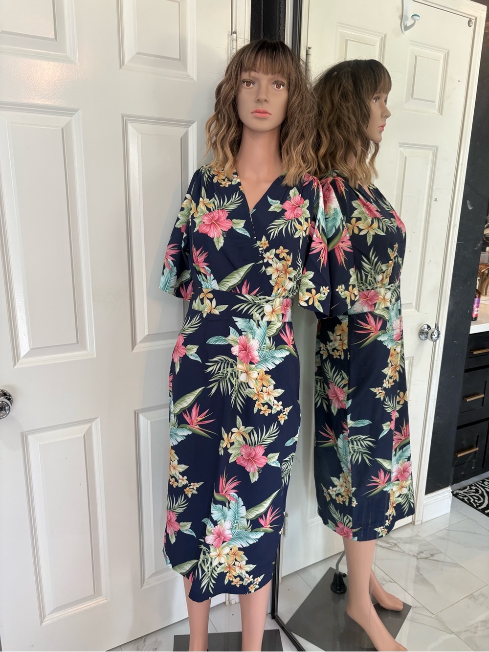 Tiki pinup rockabilly Tropical Floral Wrap Midi Dress - Navy